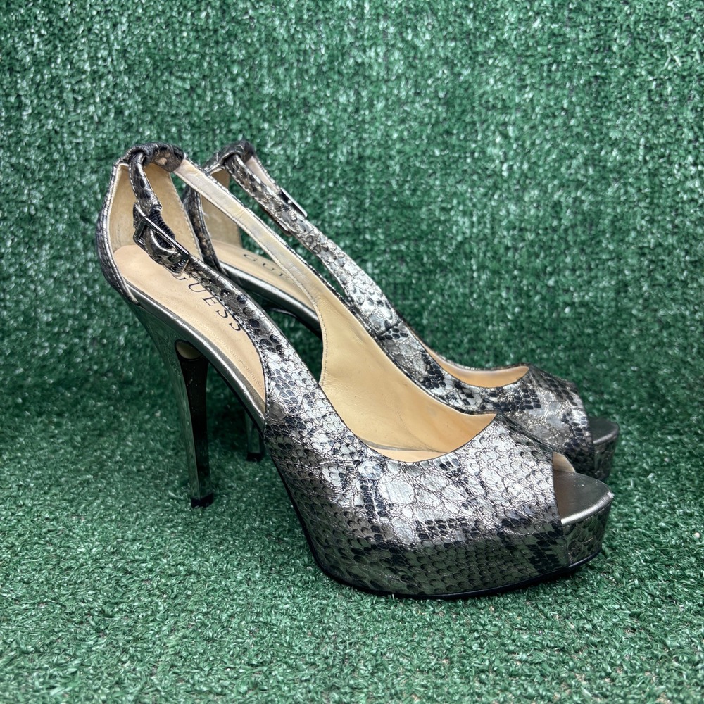 GUESS Snakeskin Peep Toe Slingback Platform Stiletto Heel Pewter Womens Size 7.5